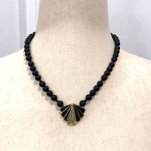 80s Vintage Goldtone and Black Beaded Art Deco Style Pendant Necklace